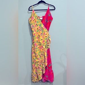 Beaultiful Farm Rio Two Print Wrap Ruffle Midi Dress